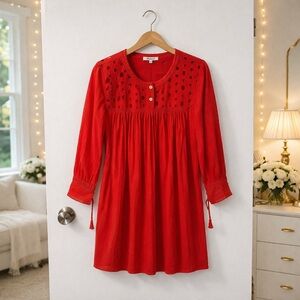 🏷️ Madewell Daybreak Linen Blend Mini Eyelet Yoke Swing Dress w Pockets Size S